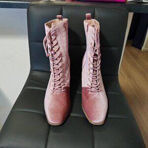 CROWN & IVY SANNA Pink Grandma Prairie Lace-Up Boots Crushed Velvet Size 11